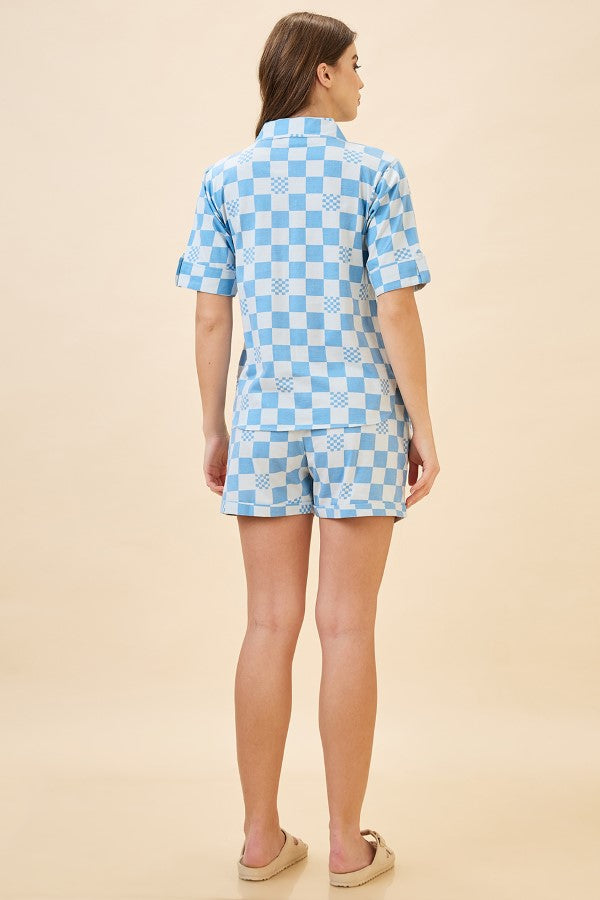 AV2 Women Cotton Printed Short Sleeve Top & Shorts Nightsuit Set - Blue 2108A