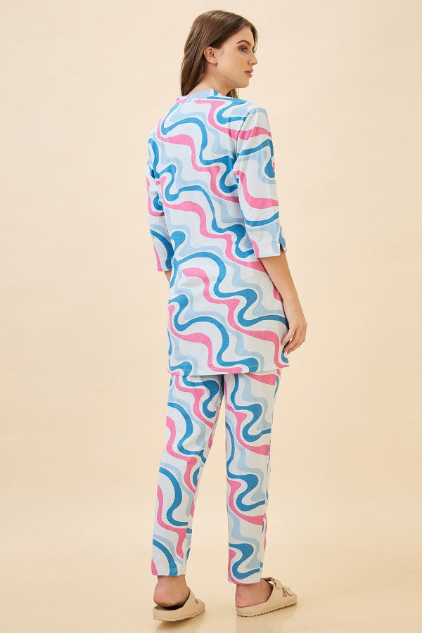AV2 Women Cotton Printed Long Length Night Suit Set | Pajama Set | Night Dress for Women - Blue 2121A