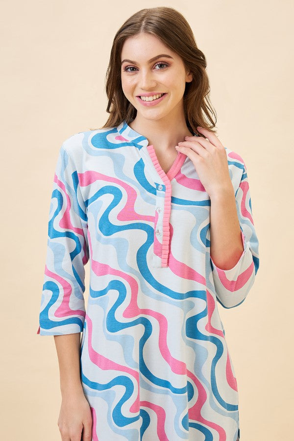 AV2 Women Cotton Printed Long Length Night Suit Set | Pajama Set | Night Dress for Women - Blue 2121A