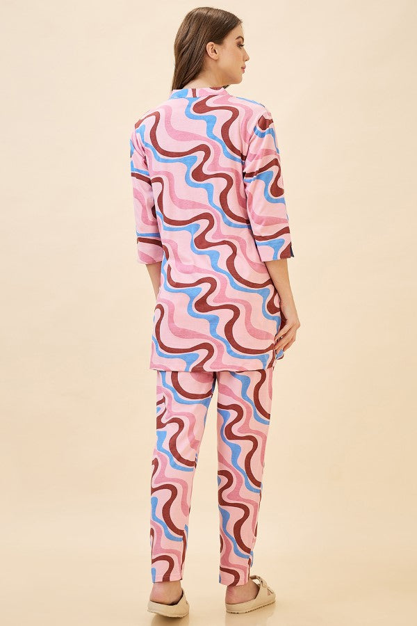 AV2 Women Cotton Printed Long Length Night Suit Set | Pajama Set | Night Dress for Women - Pink 2121B