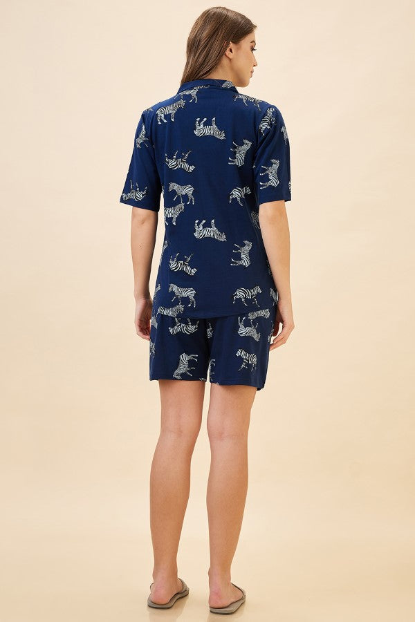 AV2 Women Cotton Printed Short Sleeve Top & Shorts Nightsuit Set | Pajama Set | Nightdress for Women - Navy 2122A