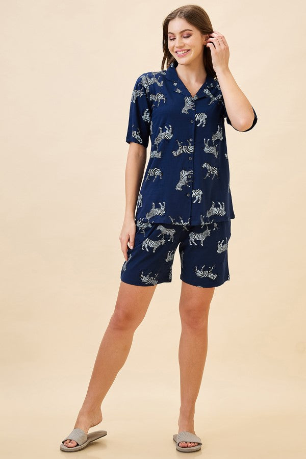 AV2 Women Cotton Printed Short Sleeve Top & Shorts Nightsuit Set | Pajama Set | Nightdress for Women - Navy 2122A