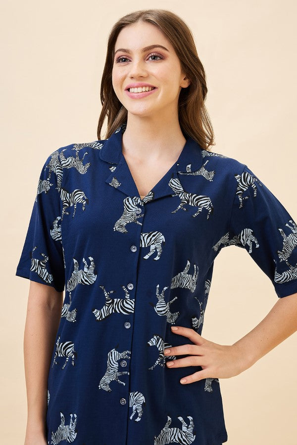 AV2 Women Cotton Printed Short Sleeve Top & Shorts Nightsuit Set | Pajama Set | Nightdress for Women - Navy 2122A