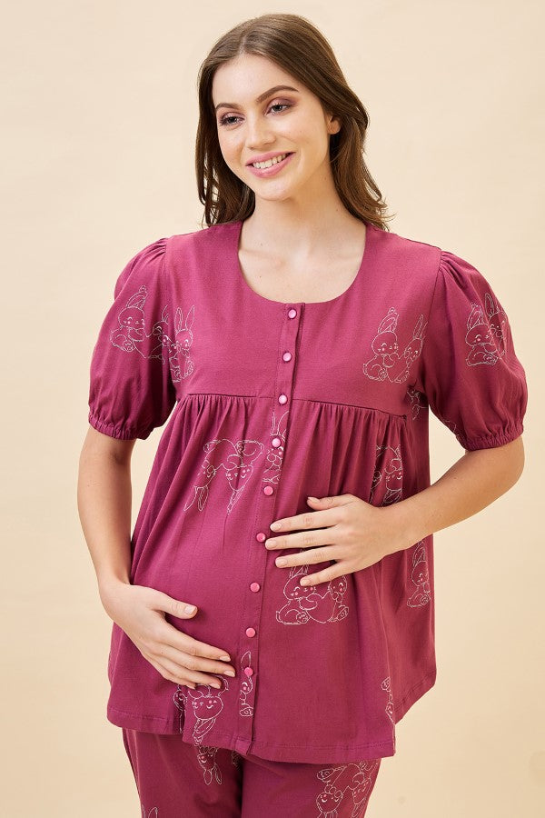 AV2 Women's Cotton Printed Maternity & Feeding Night Suit Set Of Top & Relaxed Capri Nursing Night Dress - Pink 2123A