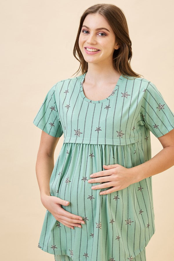 AV2 Women's Cotton Printed Maternity & Feeding Night Suit Set Of Top & Relaxed Capri Nursing Night Dress - Green 2124A
