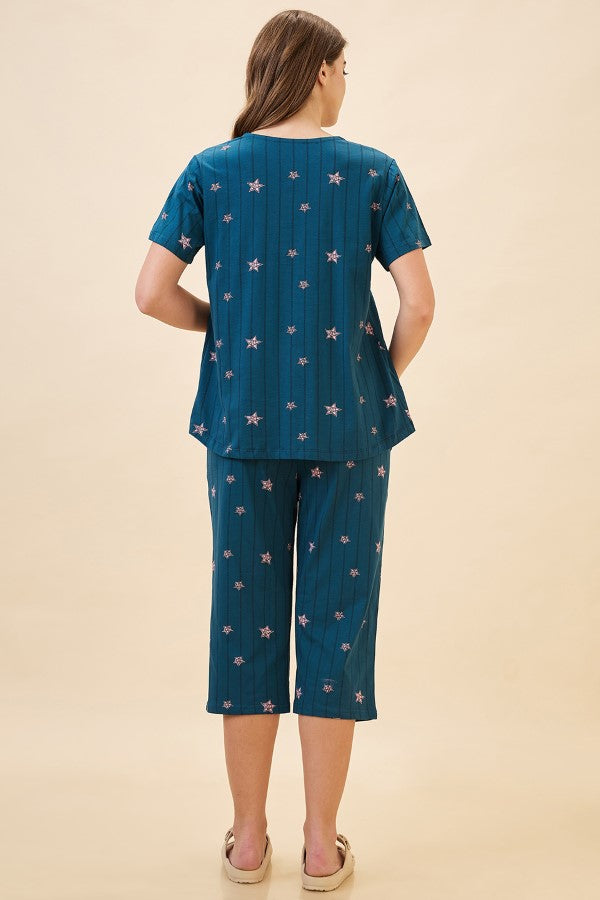 AV2 Women's Cotton Printed Maternity & Feeding Night Suit Set Of Top & Relaxed Capri Nursing Night Dress - Teal 2124B