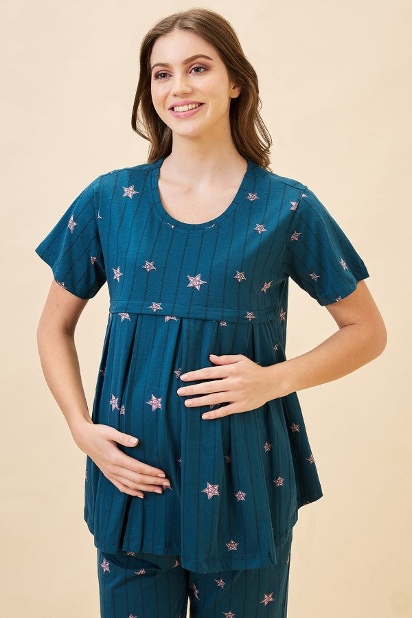 AV2 Women's Cotton Printed Maternity & Feeding Night Suit Set Of Top & Relaxed Capri Nursing Night Dress - Teal 2124B