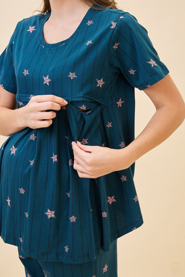 AV2 Women's Cotton Printed Maternity & Feeding Night Suit Set Of Top & Relaxed Capri Nursing Night Dress - Teal 2124B