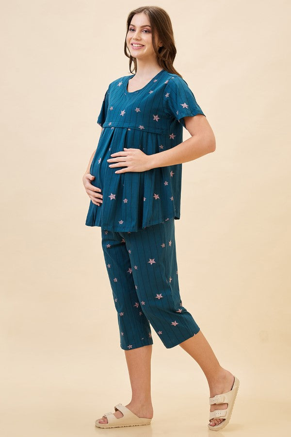 AV2 Women's Cotton Printed Maternity & Feeding Night Suit Set Of Top & Relaxed Capri Nursing Night Dress - Teal 2124B