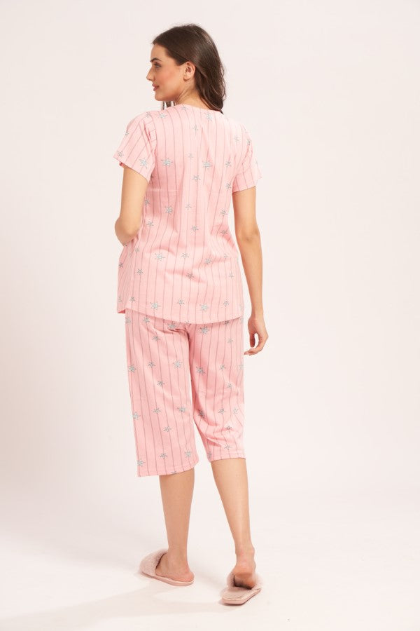 AV2 Women's Cotton Printed Maternity & Feeding Night Suit Set Of Top & Relaxed Capri Nursing Night Dress - Peach 2124C