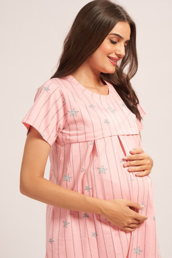 AV2 Women's Cotton Printed Maternity & Feeding Night Suit Set Of Top & Relaxed Capri Nursing Night Dress - Peach 2124C