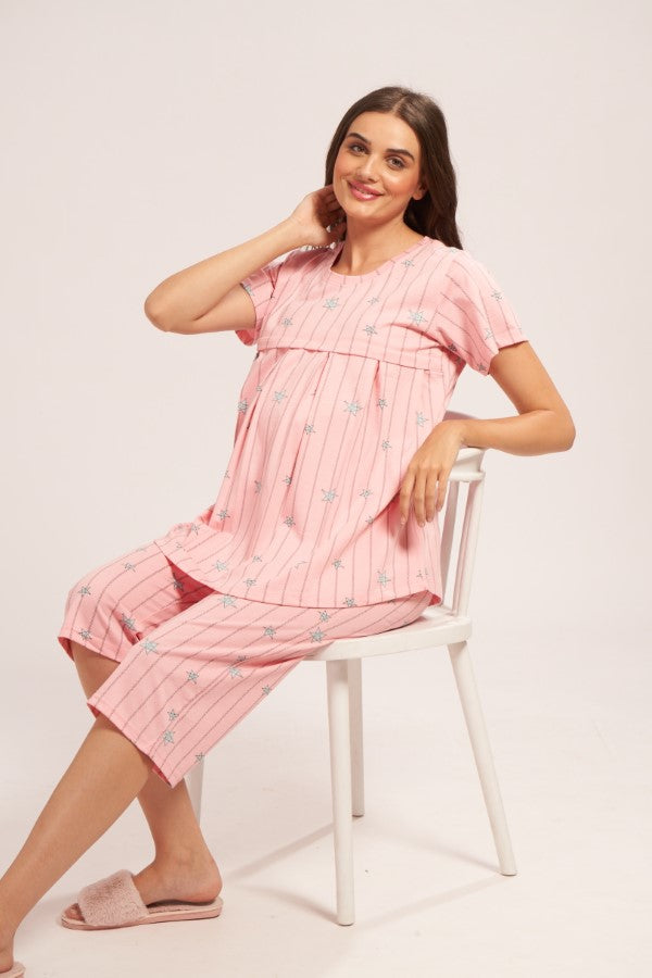 AV2 Women's Cotton Printed Maternity & Feeding Night Suit Set Of Top & Relaxed Capri Nursing Night Dress - Peach 2124C