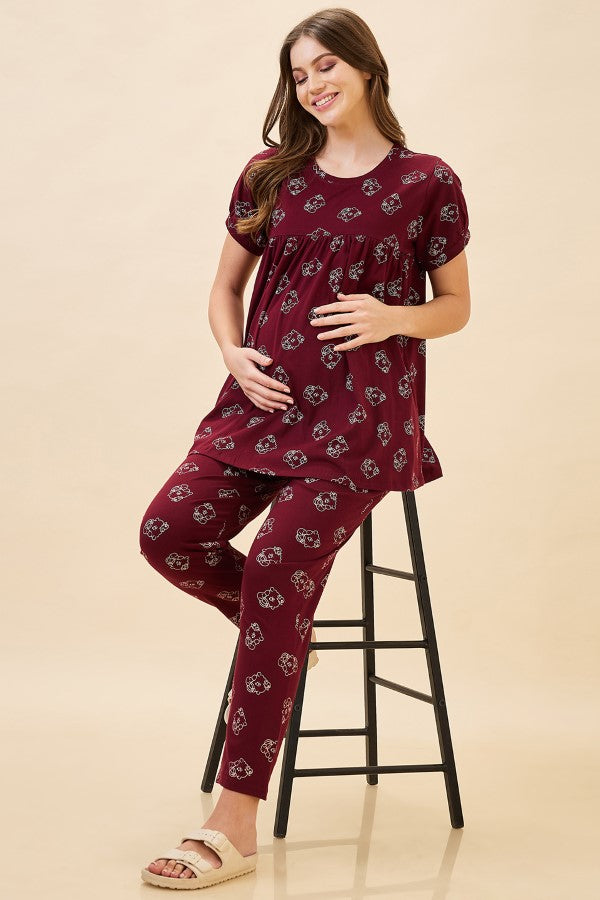 AV2 Women's Cotton Printed Maternity & Feeding Night Suit Set Of Top & Relaxed Pyjama Nursing Night Dress - Maroon 2125A
