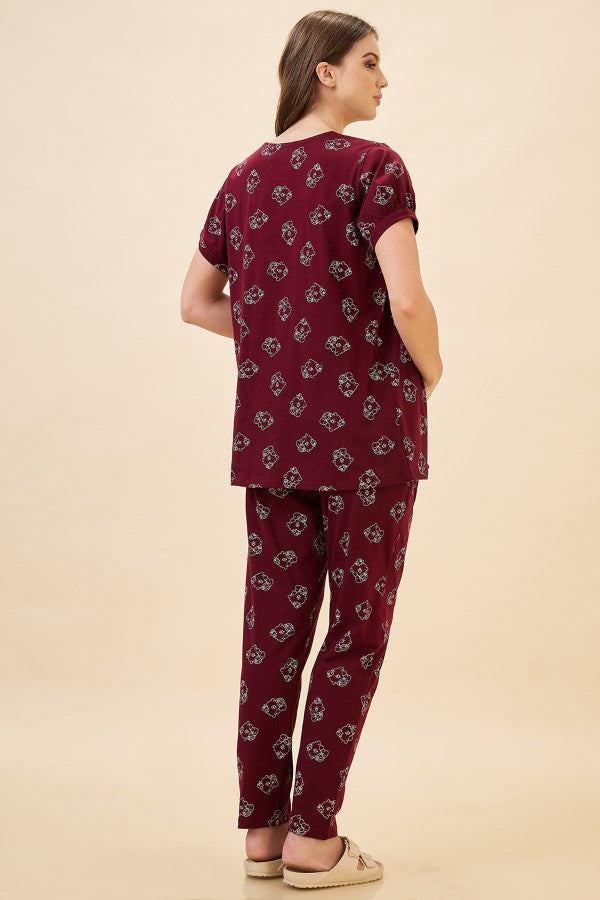 AV2 Women's Cotton Printed Maternity & Feeding Night Suit Set Of Top & Relaxed Pyjama Nursing Night Dress - Maroon 2125A