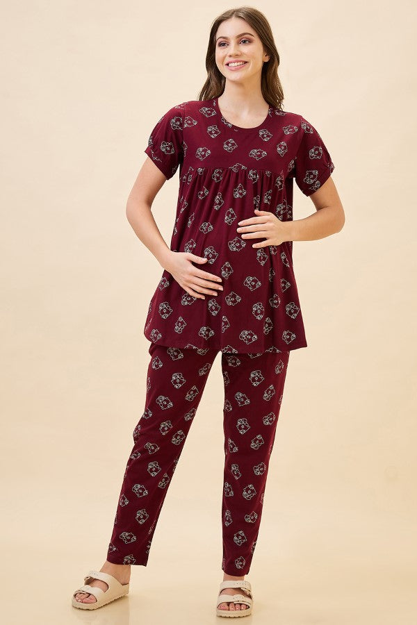 AV2 Women's Cotton Printed Maternity & Feeding Night Suit Set Of Top & Relaxed Pyjama Nursing Night Dress - Maroon 2125A