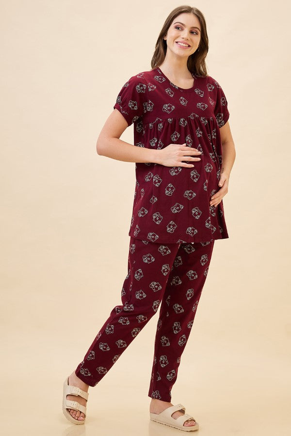 AV2 Women's Cotton Printed Maternity & Feeding Night Suit Set Of Top & Relaxed Pyjama Nursing Night Dress - Maroon 2125A