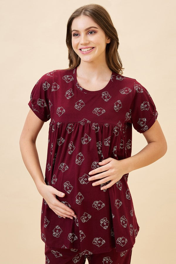 AV2 Women's Cotton Printed Maternity & Feeding Night Suit Set Of Top & Relaxed Pyjama Nursing Night Dress - Maroon 2125A