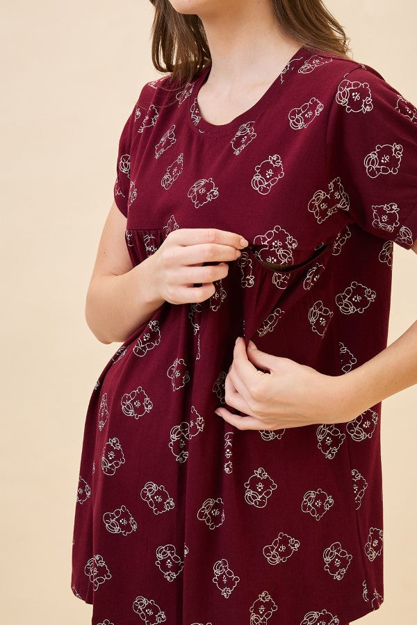 AV2 Women's Cotton Printed Maternity & Feeding Night Suit Set Of Top & Relaxed Pyjama Nursing Night Dress - Maroon 2125A