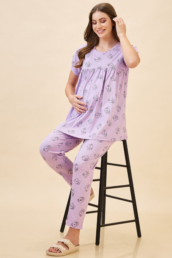 AV2 Women's Cotton Printed Maternity & Feeding Night Suit Set Of Top & Relaxed Pyjama Nursing Night Dress - Purple 2125B
