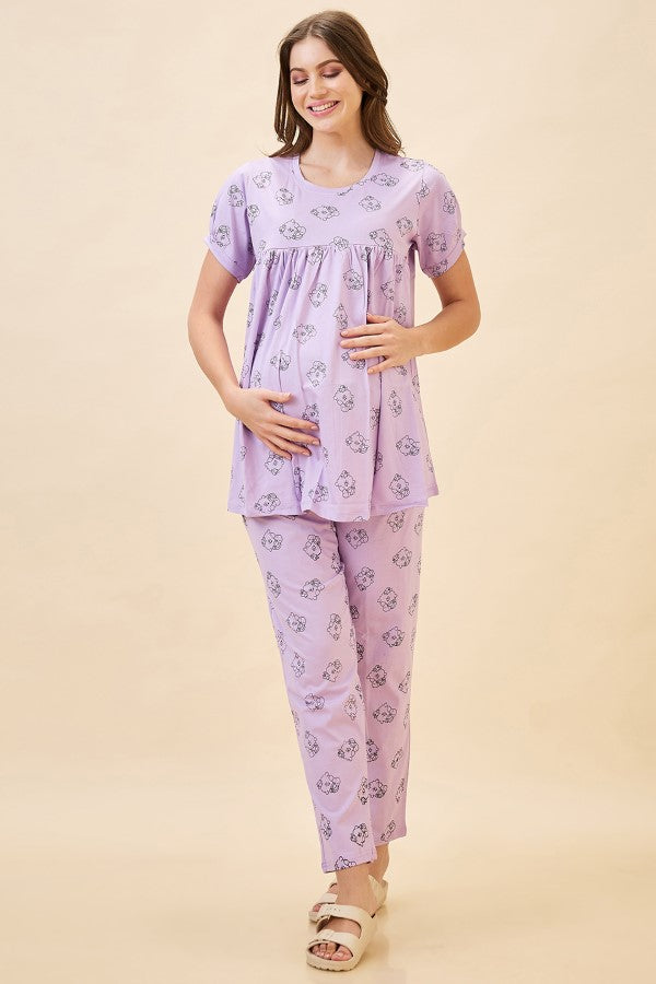 AV2 Women's Cotton Printed Maternity & Feeding Night Suit Set Of Top & Relaxed Pyjama Nursing Night Dress - Purple 2125B