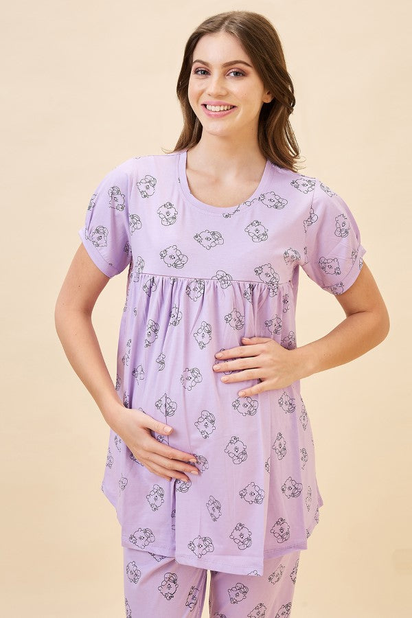 AV2 Women's Cotton Printed Maternity & Feeding Night Suit Set Of Top & Relaxed Pyjama Nursing Night Dress - Purple 2125B