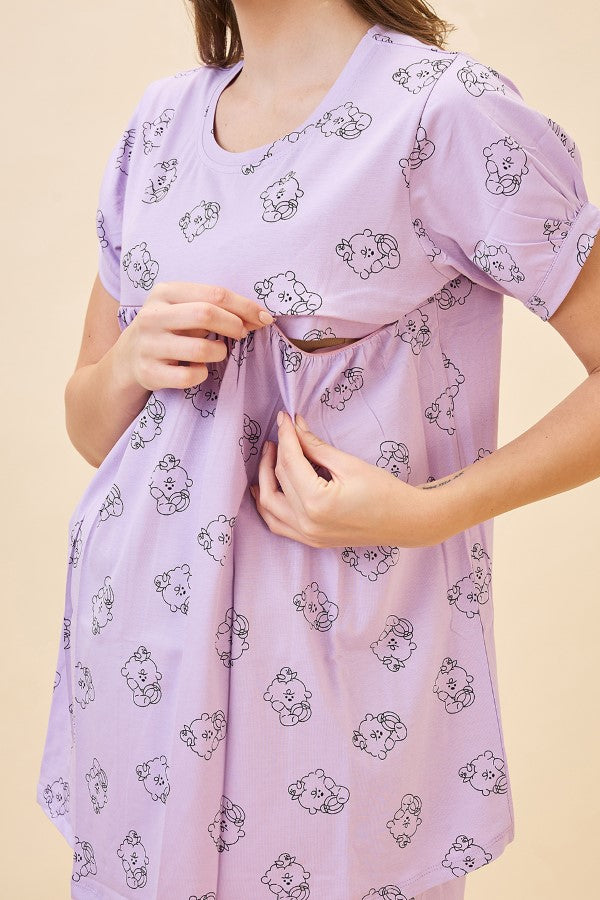 AV2 Women's Cotton Printed Maternity & Feeding Night Suit Set Of Top & Relaxed Pyjama Nursing Night Dress - Purple 2125B