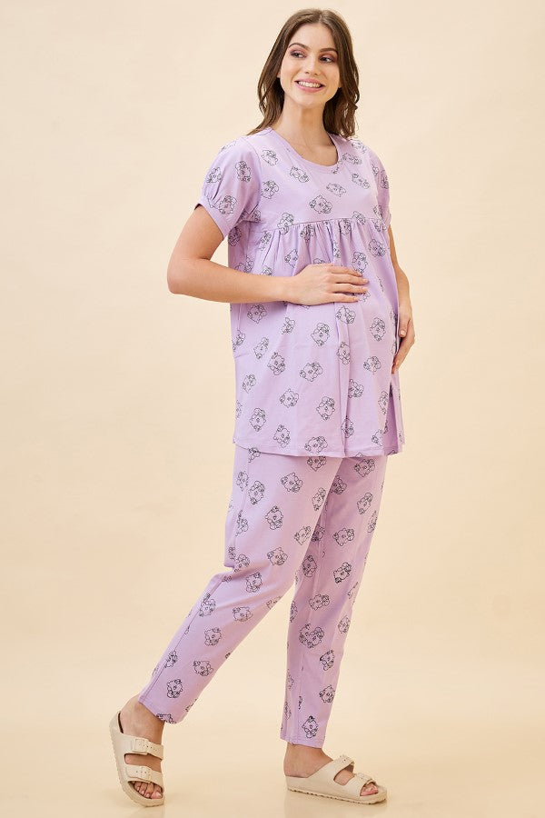 AV2 Women's Cotton Printed Maternity & Feeding Night Suit Set Of Top & Relaxed Pyjama Nursing Night Dress - Purple 2125B