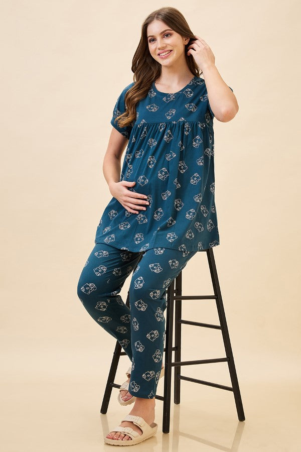 AV2 Women's Cotton Printed Maternity & Feeding Night Suit Set Of Top & Relaxed Pyjama Nursing Night Dress - Teal 2125C