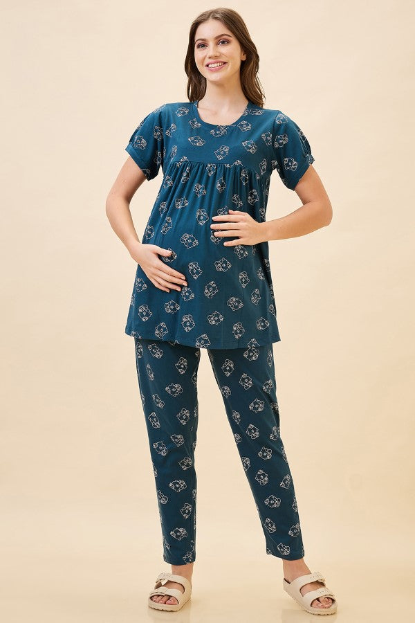 AV2 Women's Cotton Printed Maternity & Feeding Night Suit Set Of Top & Relaxed Pyjama Nursing Night Dress - Teal 2125C