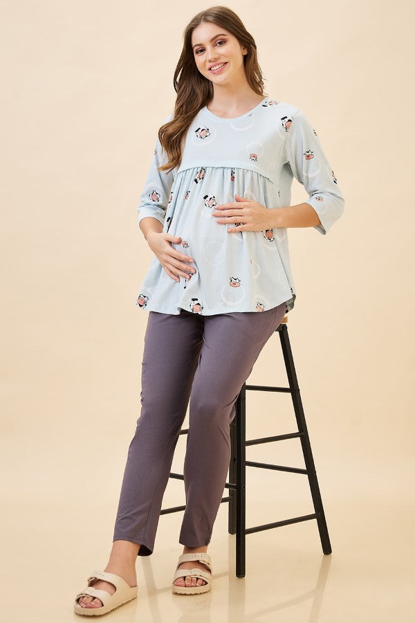 AV2 Women's Cotton Printed Maternity & Feeding Night Suit Set Of Top & Relaxed Pyjama Nursing Night Dress - Blue 2126A