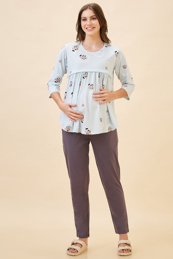 AV2 Women's Cotton Printed Maternity & Feeding Night Suit Set Of Top & Relaxed Pyjama Nursing Night Dress - Blue 2126A