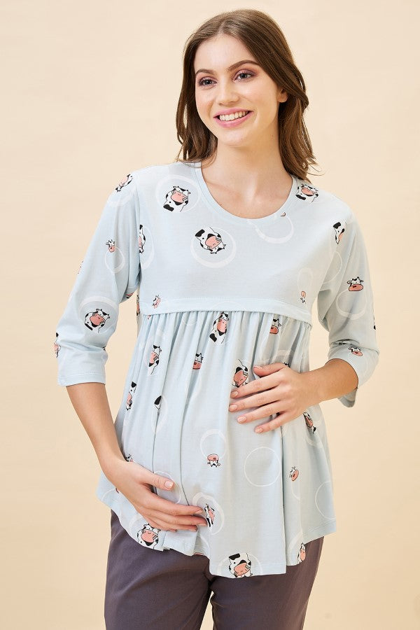 AV2 Women's Cotton Printed Maternity & Feeding Night Suit Set Of Top & Relaxed Pyjama Nursing Night Dress - Blue 2126A