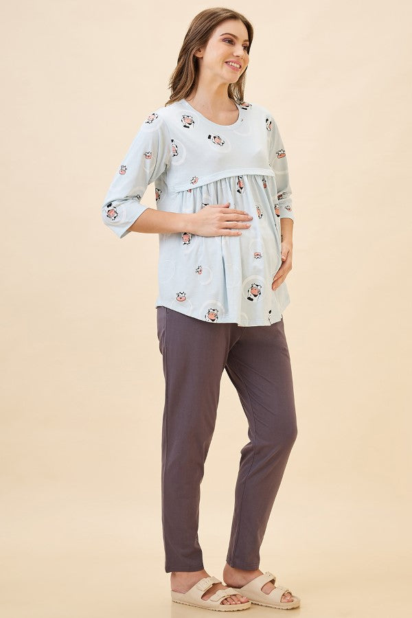 AV2 Women's Cotton Printed Maternity & Feeding Night Suit Set Of Top & Relaxed Pyjama Nursing Night Dress - Blue 2126A