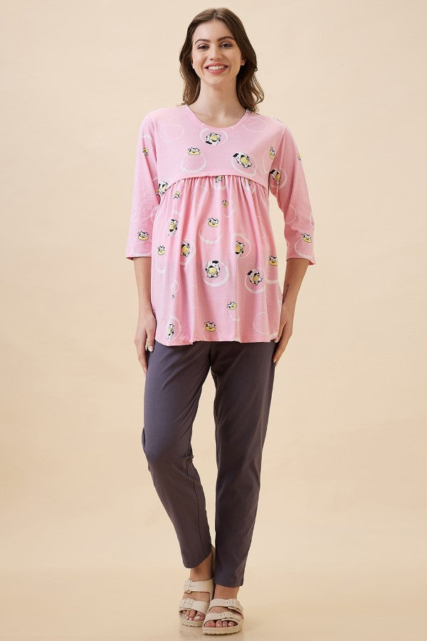 AV2 Women's Cotton Printed Maternity & Feeding Night Suit Set Of Top & Relaxed Pyjama Nursing Night Dress - Pink 2126B