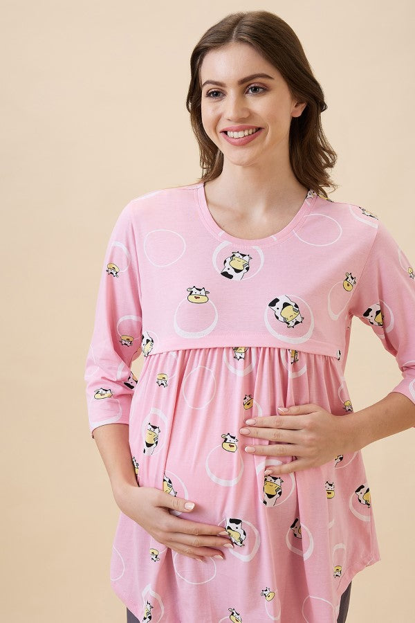 AV2 Women's Cotton Printed Maternity & Feeding Night Suit Set Of Top & Relaxed Pyjama Nursing Night Dress - Pink 2126B