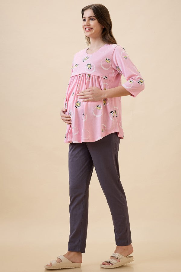 AV2 Women's Cotton Printed Maternity & Feeding Night Suit Set Of Top & Relaxed Pyjama Nursing Night Dress - Pink 2126B