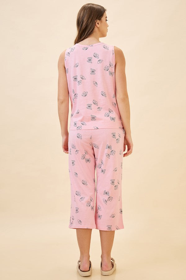 AV2 Women's Cotton Printed Round Neck Sleeveless Nightsuit Set | Capri Set | Casual Night Dress for Women - Pink 2127A