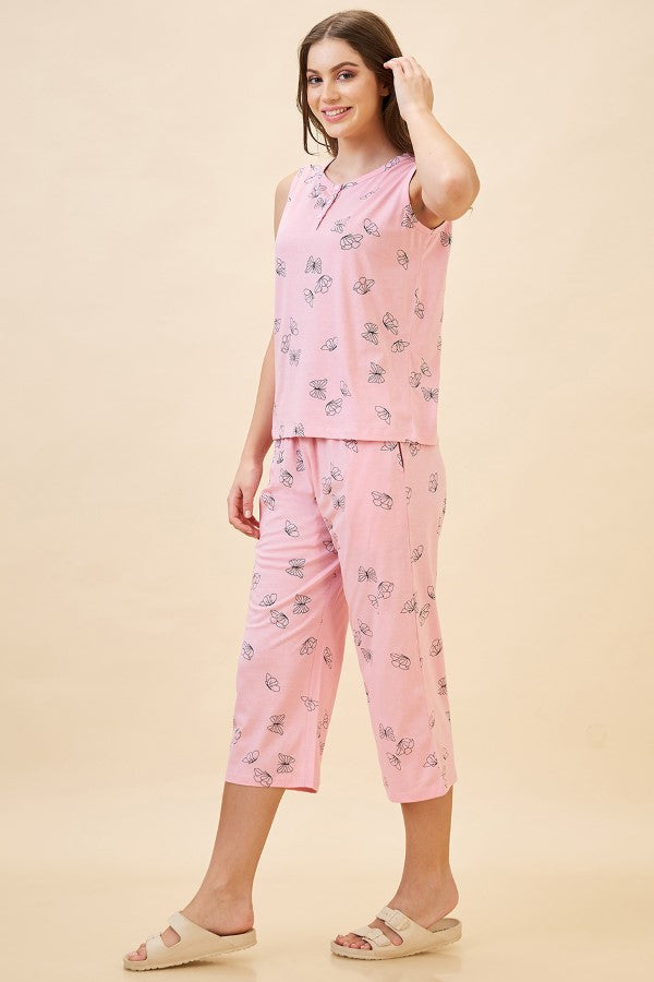 AV2 Women's Cotton Printed Round Neck Sleeveless Nightsuit Set | Capri Set | Casual Night Dress for Women - Pink 2127A