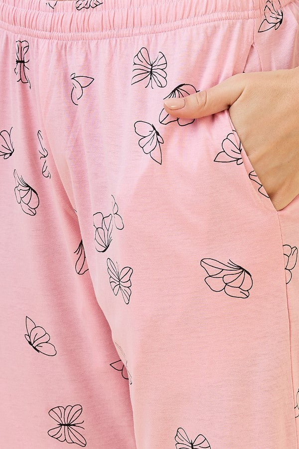 AV2 Women's Cotton Printed Round Neck Sleeveless Nightsuit Set | Capri Set | Casual Night Dress for Women - Pink 2127A