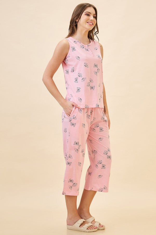 AV2 Women's Cotton Printed Round Neck Sleeveless Nightsuit Set | Capri Set | Casual Night Dress for Women - Pink 2127A