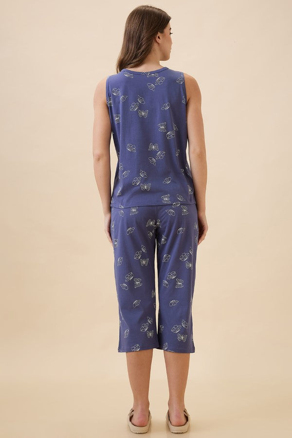 AV2 Women's Cotton Printed Round Neck Sleeveless Nightsuit Set | Capri Set | Casual Night Dress for Women - Blue 2127C