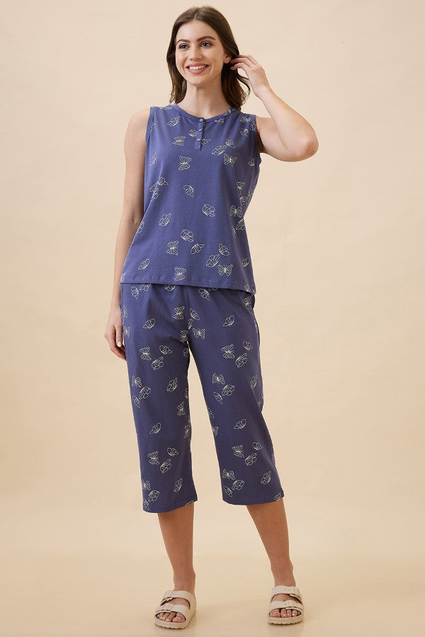 AV2 Women's Cotton Printed Round Neck Sleeveless Nightsuit Set | Capri Set | Casual Night Dress for Women - Blue 2127C