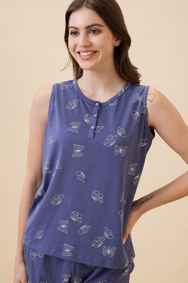 AV2 Women's Cotton Printed Round Neck Sleeveless Nightsuit Set | Capri Set | Casual Night Dress for Women - Blue 2127C