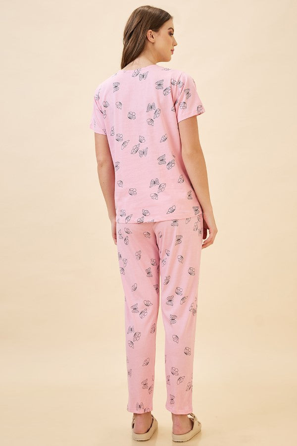 AV2 Women's Cotton Printed Round Neck Short Sleeve Nightsuit Set | Pajama Set | Casual Night Dress for Women - Pink 2128A