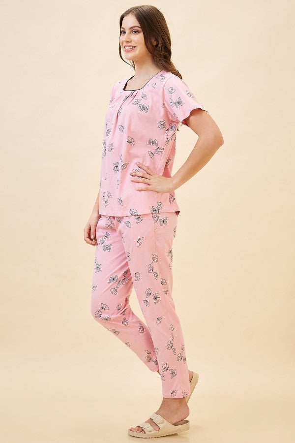 AV2 Women's Cotton Printed Round Neck Short Sleeve Nightsuit Set | Pajama Set | Casual Night Dress for Women - Pink 2128A