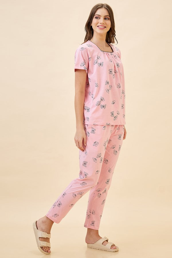 AV2 Women's Cotton Printed Round Neck Short Sleeve Nightsuit Set | Pajama Set | Casual Night Dress for Women - Pink 2128A