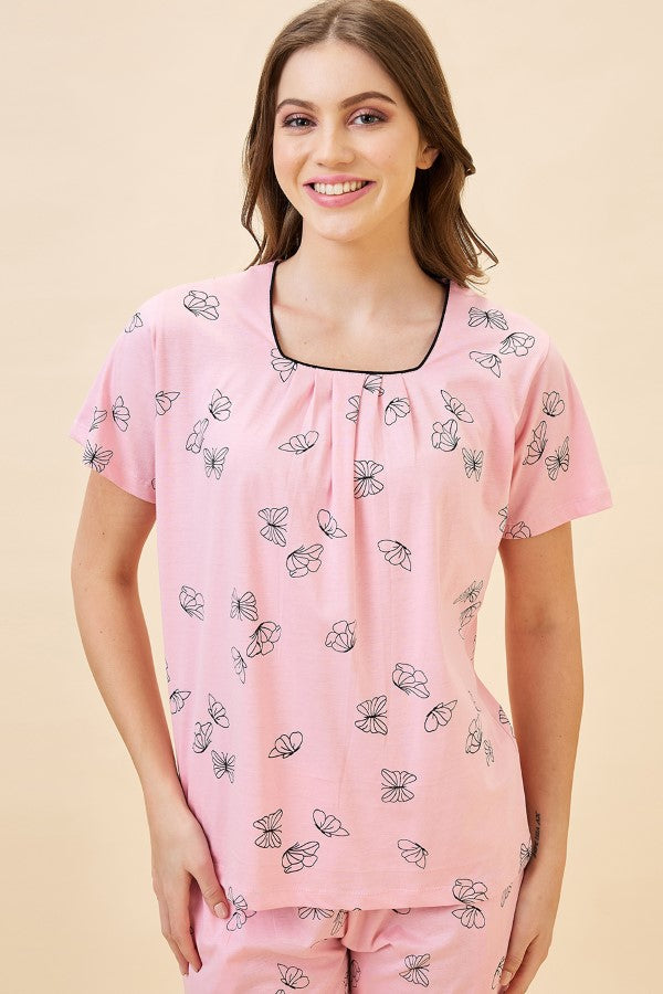 AV2 Women's Cotton Printed Round Neck Short Sleeve Nightsuit Set | Pajama Set | Casual Night Dress for Women - Pink 2128A