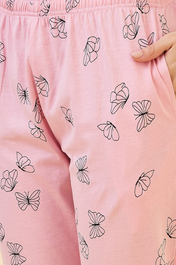 AV2 Women's Cotton Printed Round Neck Short Sleeve Nightsuit Set | Pajama Set | Casual Night Dress for Women - Pink 2128A