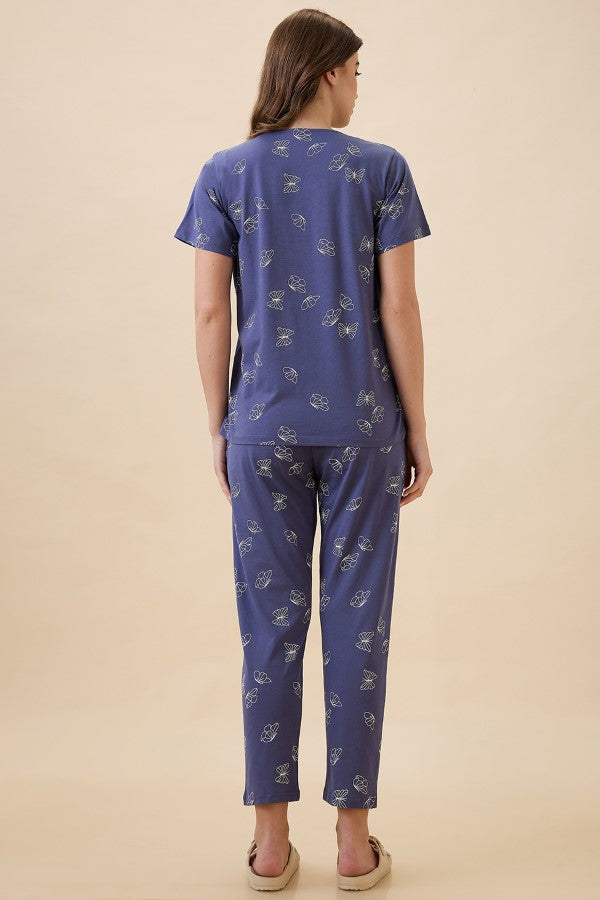 AV2 Women's Cotton Printed Round Neck Short Sleeve Nightsuit Set | Pajama Set | Casual Night Dress for Women - Blue 2128B