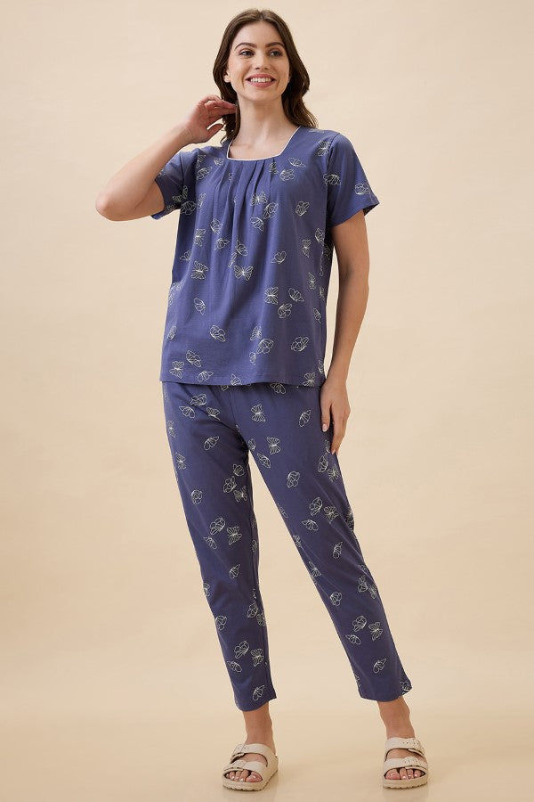AV2 Women's Cotton Printed Round Neck Short Sleeve Nightsuit Set | Pajama Set | Casual Night Dress for Women - Blue 2128B